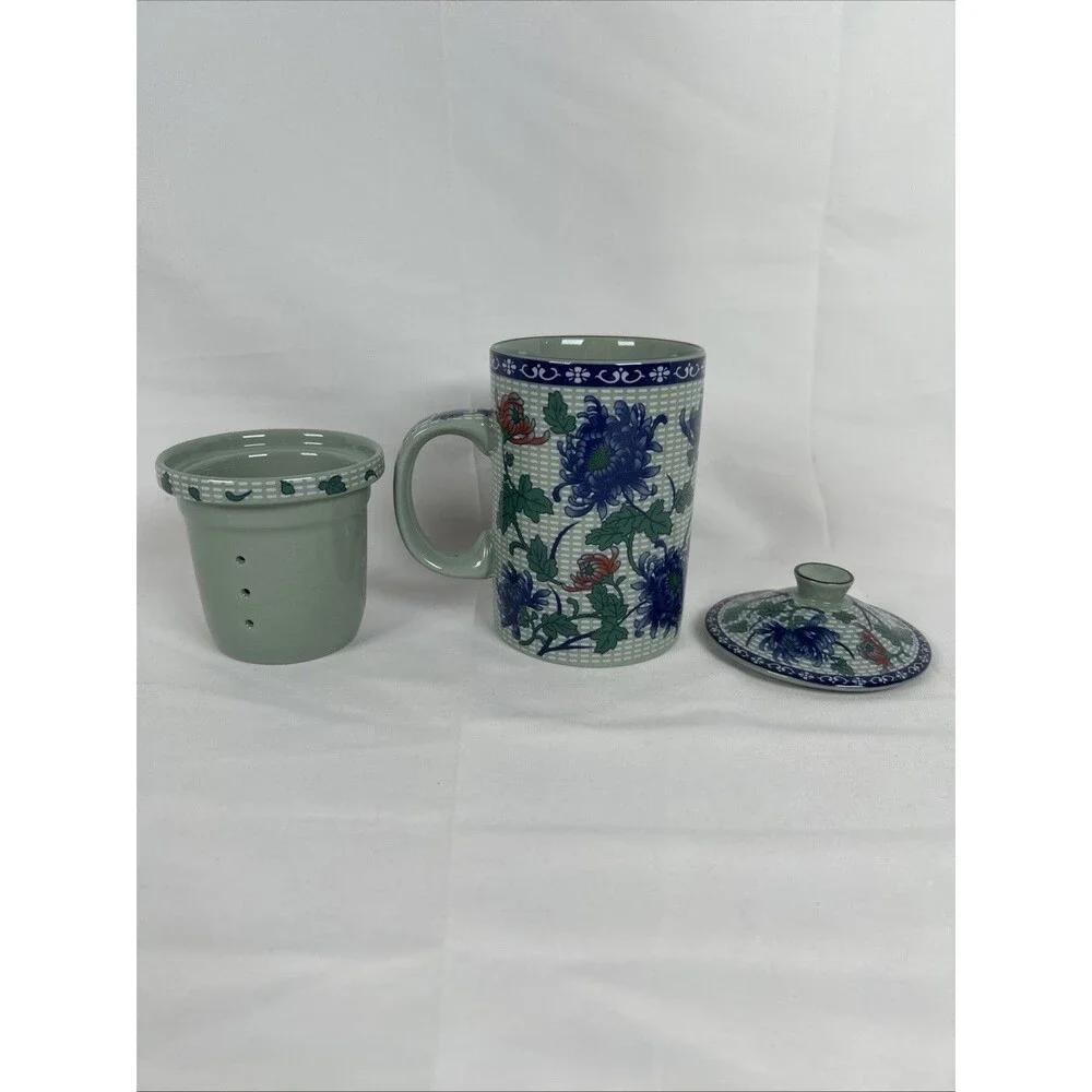 Chinese Porcelain Tea Mug With Lid & Infuser Floral Blue Green Tea Cup Tumbler